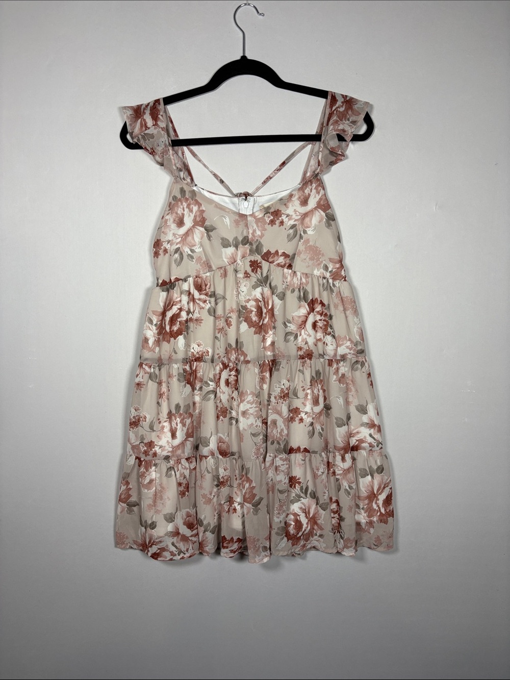 Altar'd State Blush Pink Floral Tiered Chiffon Lace Up Back Mini Dress Size S